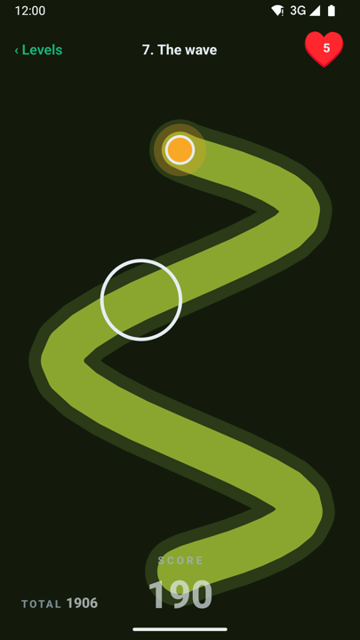 steadi level 7, The wave: a broad green winding track on a dark field with the finger ring mid-trace