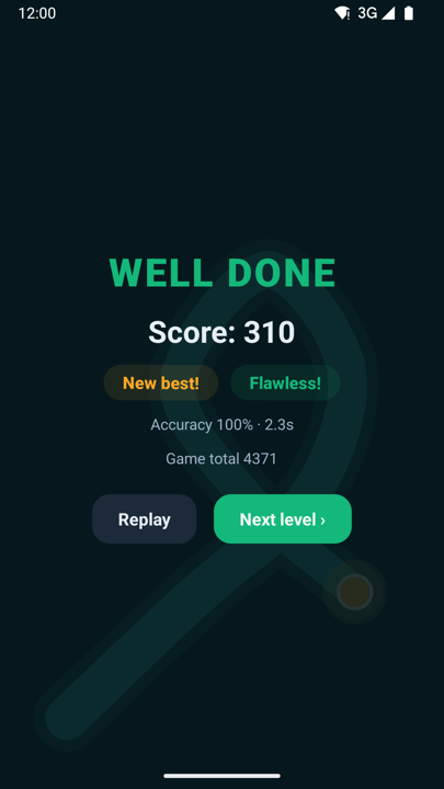 Level complete screen showing accuracy and score
